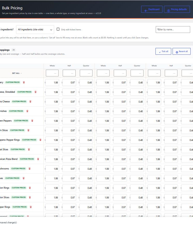 Bulk pricing tool for applying prices across multiple ingredients and size grids at once