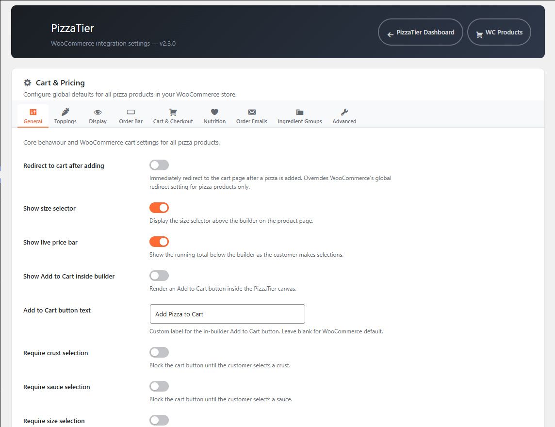 Cart and pricing settings screen with toggles for the live price bar, size selector, in-builder add-to-cart button, and required selections