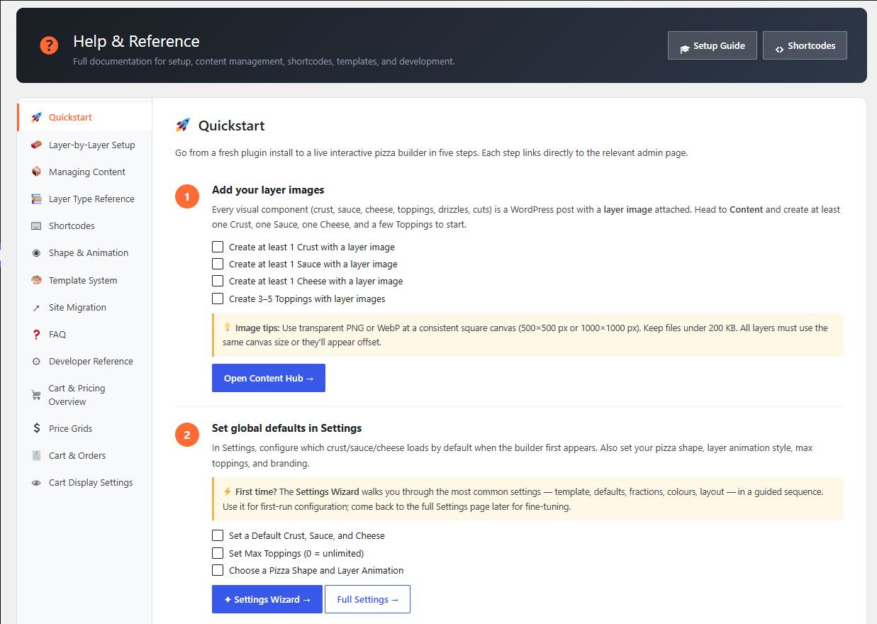 PizzaTier Help and Reference screen in WordPress admin, showing a quickstart guide with checklists and a sidebar of topics from layer-by-layer setup through cart display settings
