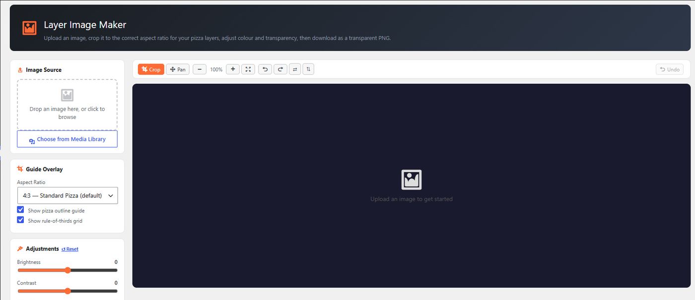 PizzaTier layer image maker tool with crop and pan controls, aspect ratio guides, and brightness and contrast sliders