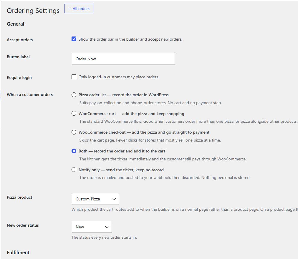 Ordering settings screen with options for recording orders in WordPress, adding to the WooCommerce cart or checkout, or notify-only mode