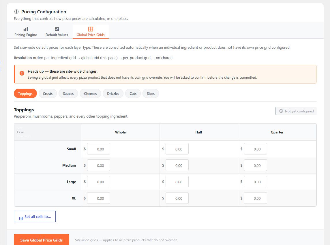 Pricing configuration screen with global price grids for toppings by size and whole, half, or quarter coverage