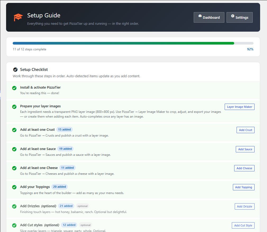 PizzaTier setup guide screen showing a 12-step checklist with automatic progress tracking at 92 percent complete