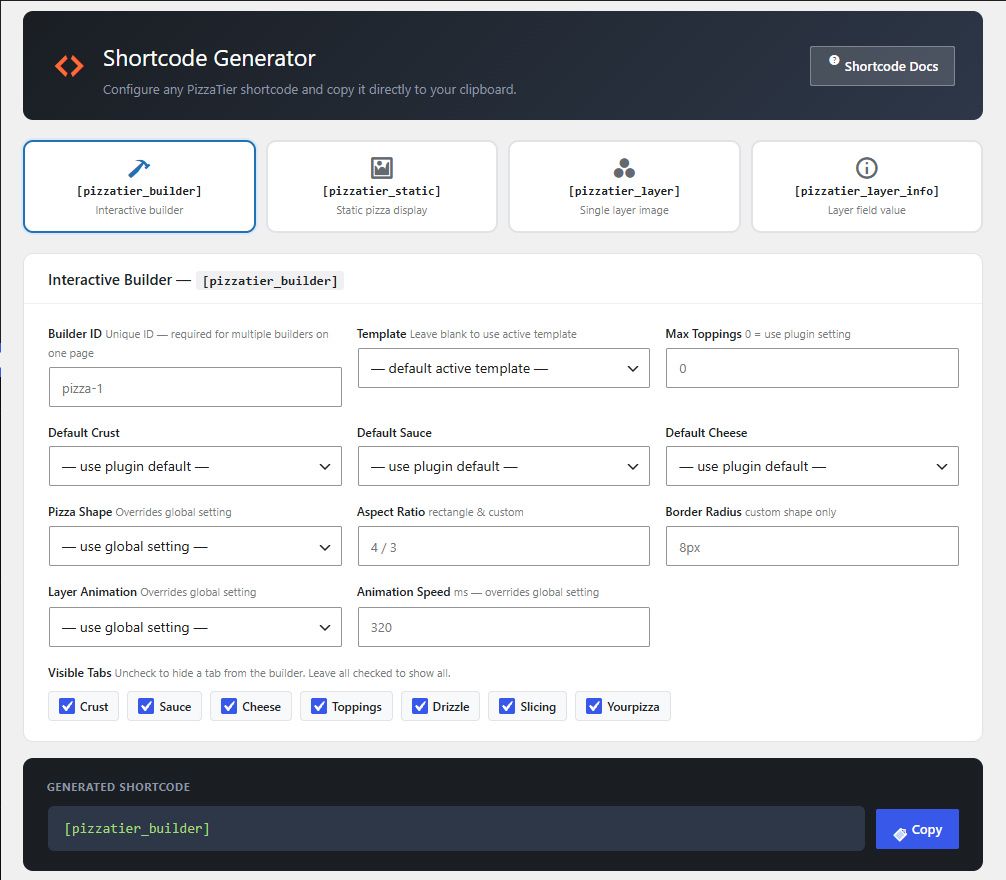 Shortcode generator screen with tabs for the four PizzaTier shortcodes and form fields for builder ID, template, defaults, shape, animation, and visible tabs