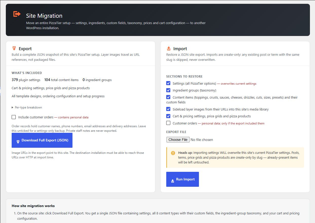 Site migration screen with a full JSON export panel and an import panel listing restorable sections including settings, taxonomy, content items, and pricing