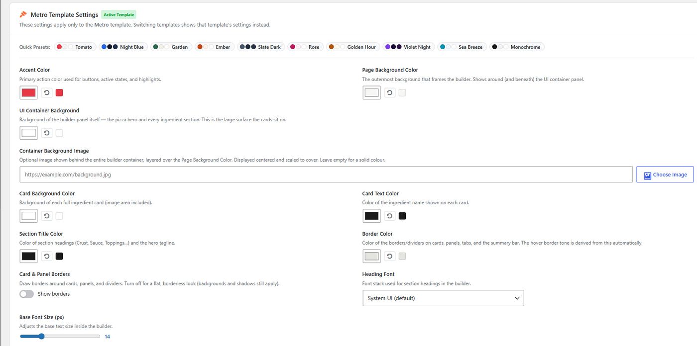 Metro template settings screen with quick color presets and controls for accent color, backgrounds, borders, and fonts