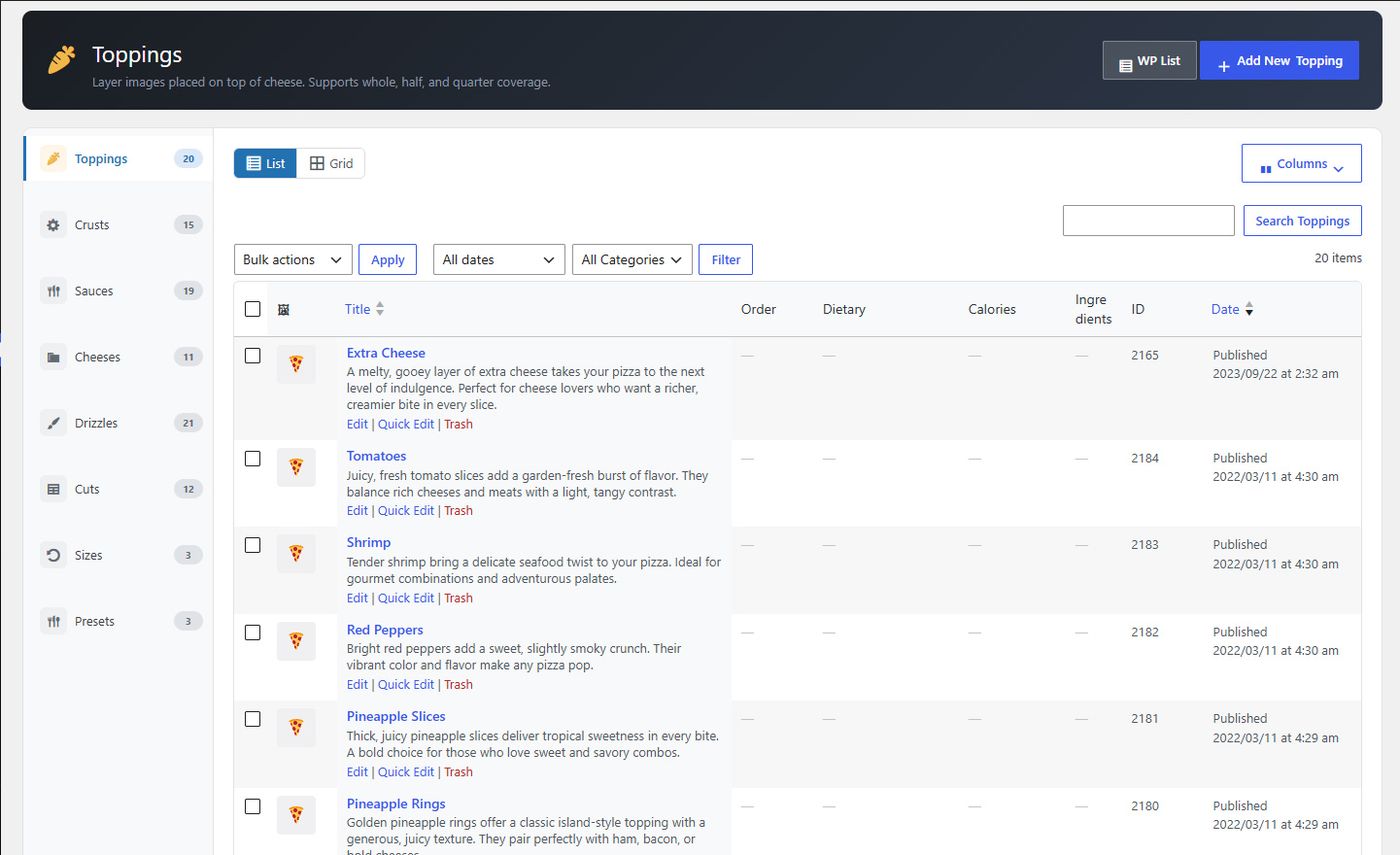 PizzaTier toppings dashboard listing topping posts with descriptions, alongside a sidebar of crusts, sauces, cheeses, drizzles, cuts, sizes, and presets